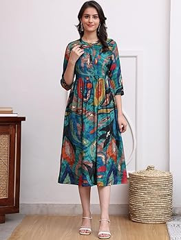 Women Abstract Printed Mandarin Collar A-Line Dress